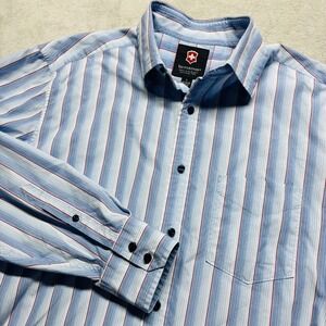 Victorinox Shirt Mens L Striped Button Up Tailored Fit Stretch Casual Blue Red